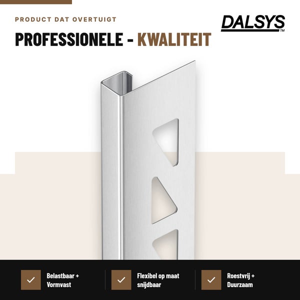 Dalsys Fliesenprofil aus Edelstahl mit Quadratprofil für Kantenabschluss an Fliesen.