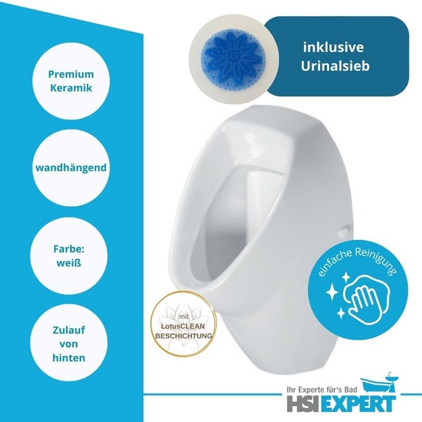 Weißes wandhängendes Urinal aus Premium Keramik mit LotusClean Beschichtung und Urinalsieb