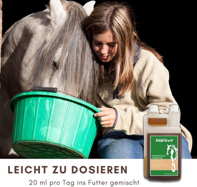 Pferdeergänzungsfuttermittel Supravit Bronchial Kräuter mit Mädchen und Pferd