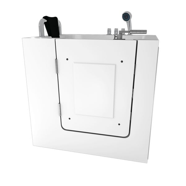 Geöffnete, begehbare Badewanne mit Tür und Handbrause