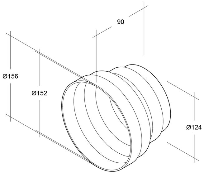 Technische Zeichnung eines Reduzierstücks für Lüftungsrohre mit Durchmessern von 156 mm, 152 mm und 124 mm sowie einer Länge von 90 mm.