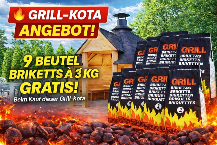 Grillkota Angebot mit neun kostenlosen Beuteln Grillbriketts à drei Kilogramm