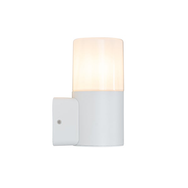 Zylindrische Außenwandleuchte aus Metall mit weißem Gehäuse und opaler Abdeckung.