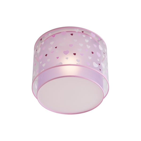 Zylindrische Deckenleuchte für das Kinderzimmer mit Herzmotiv in Rosa und Weiß.