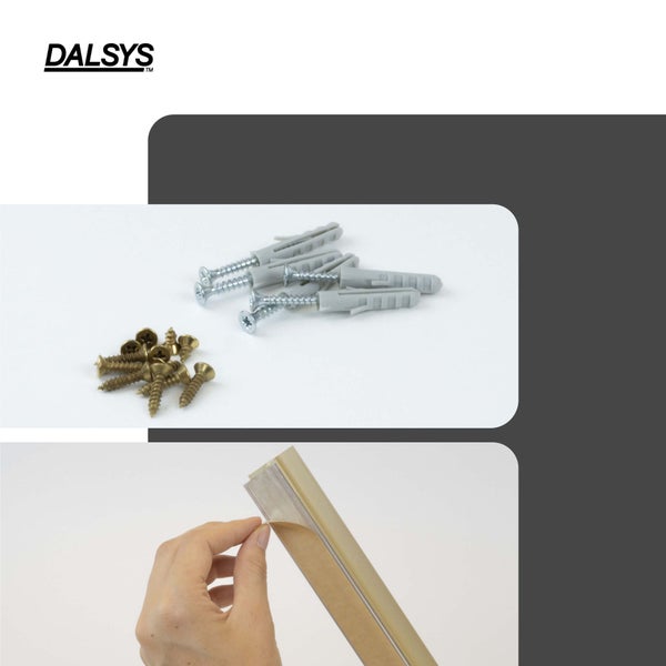 Dalsys Logo, Befestigungsmaterial mit Schrauben und Dübeln sowie Montagevorbereitung eines selbstklebenden Profils.