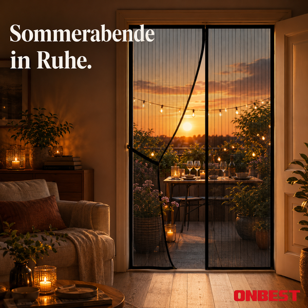 Insektenschutz für Balkontüren in einem Wohnzimmer mit Blick auf einen Balkon bei Sonnenuntergang mit Esstisch und Lichterkette. ONBEST Logo.