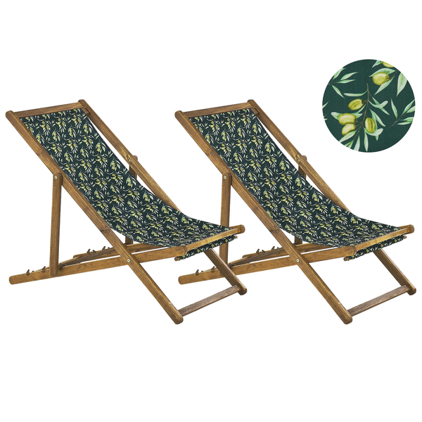 Set mit 2 klappbaren Liegestühlen ANZIO mit Ersatzstoffen Blumenmuster Akazienholz Hellbraun