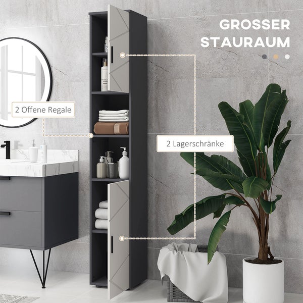 kleankin Badezimmerschrank schmal, Hochschrank Toilettenschrank mit Verstellbar Regal und 2 offenen Fächern, Badschrank für kleine Räume Badezimmer, Wohnzimmer 30 x 30 x 183 cm Grau