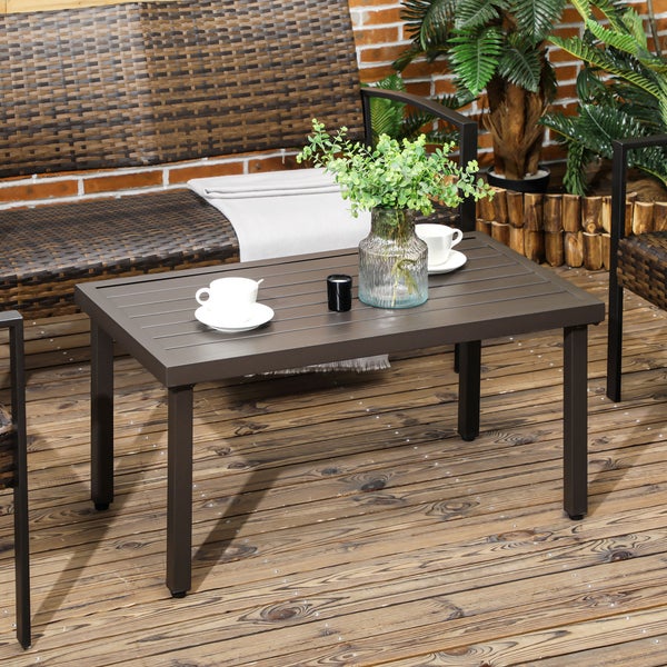 Outsunny Couchtisch, Gartentisch mit Holzoptik, Rechteckiger Kaffeetisch, Gartentisch für Balkon, Terrasse, Stahl, Braun, 91 x 51 x 46 cm