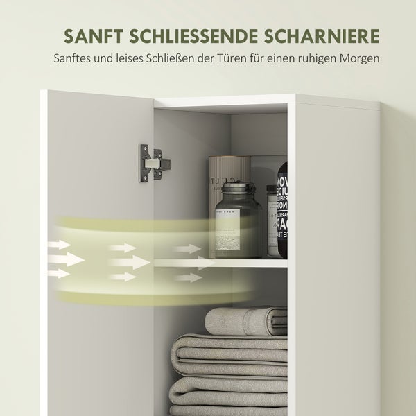 Detailaufnahme eines weißen Badezimmerschranks mit Fokus auf das sanft schließende Scharnier der geöffneten Tür.