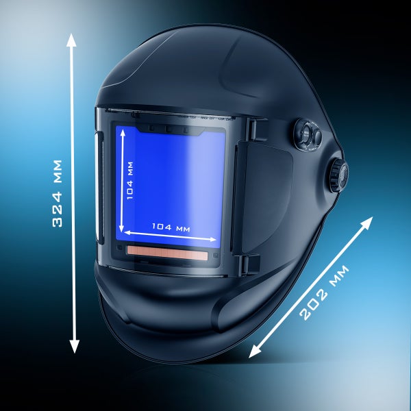 Schweißhelm mit den Maßen 324 mm Höhe und 202 mm Breite, Sichtfeld 104 mm x 104 mm