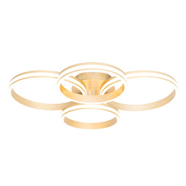 Moderne LED Deckenleuchte mit vier goldfarbenen Ringen.