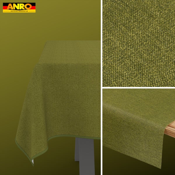 ANRO Logo. Grüne melierte Tischdecke aus gewebtem Stoff mit eingefasstem Saum und Detailansicht der Textur.