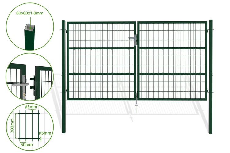 RAZO Doppelflügeltor für Stabmattenzaun 3m Gartentür  Breite 306  x Höhe 166 cm Moosgrün, inkl. Griff, Schloss und Schlüssel I Gartenpforte Einfahrtstor Hoftür