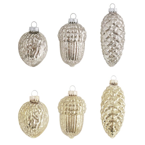 Silber/Gold 6-10cm Zapfen/Eichel/Walnuss-Sortiment Mercury-Glas, mundgeblasen, handdekoriert, 18 Stck., Weihnachtsbaumkugeln, Christbaumschmuck, Weihnachtsbaumanhänger