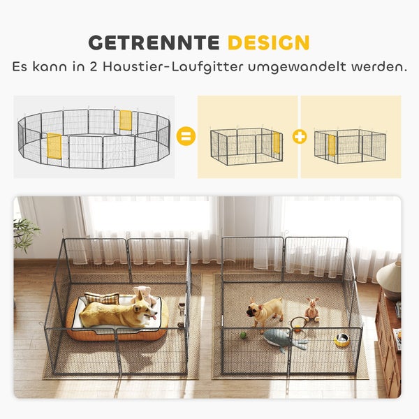 Modulares Haustier-Laufgitter aus Metall, das in zwei separate Gehege für Hunde mit Spielzeug und Körbchen aufgeteilt werden kann.