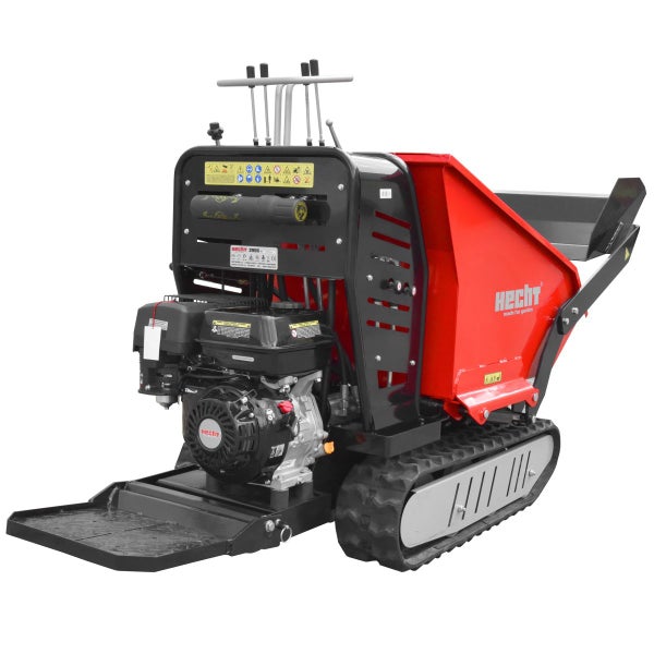 Hecht Raupendumper mit Raupenantrieb, Trittbrett für Bediener und hydraulischer Kippmulde sowie einer Selbstladeschaufel.
