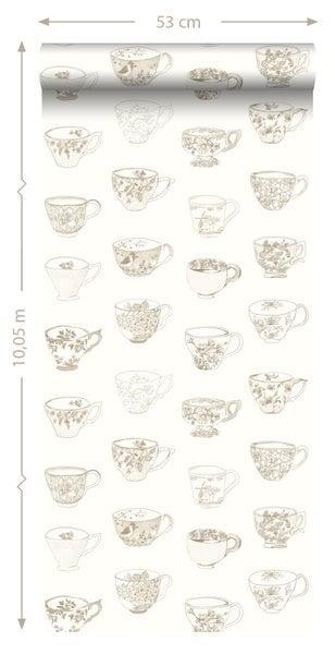 Tapetenrolle mit Tassenmuster, 53 Zentimeter breit und 10,05 Meter lang