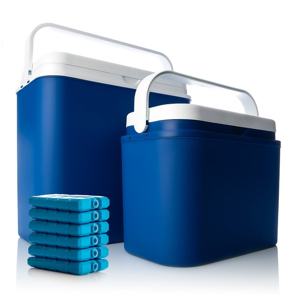 Kühlbox 2er Set 24 L groß + 10 L klein blau/weiß inkl. 6 Kühlakkus - Bis zu 14 Std. Kühlung - Outdoor Kühltasche Thermobox für unterwegs - Made in Europe