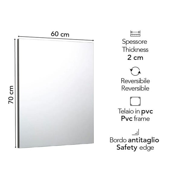 Rechteckiger Spiegel, 60 x 70 Zentimeter, mit zwei Zentimeter Dicke und PVC Rahmen