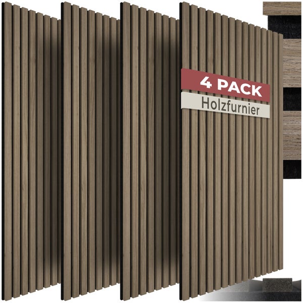 Viererpack Akustikpaneele aus Holzfurnier mit vertikalen Lamellen für die Wandgestaltung.