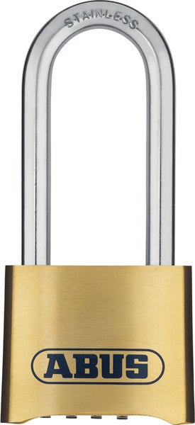 ABUS Zahlenschloss aus Messing mit ABUS Logo und hohem Bügel aus rostfreiem Edelstahl.