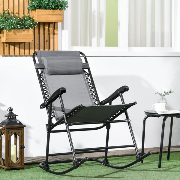 Outsunny Schaukelstuhl, Klappbar Gartenstuhl mit Kopfkissen, bis 120 kg, 95 x 64 x 106 cm, Mesh, Hellgrau