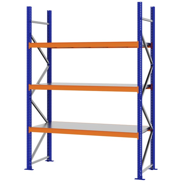 Weitspannregal aus Metall mit drei Lagerebenen, blauen Pfosten und orangefarbenen Längsträgern.