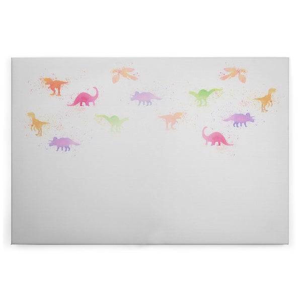 Wandbild mit verschiedenen Dinosaurier Motiven in Aquarell Optik auf rechteckigem Leinwandgewebe