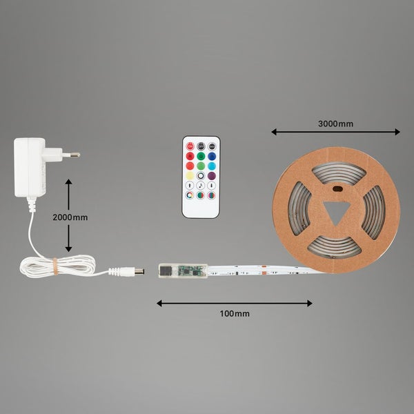 LED-Streifen-Set mit Fernbedienung, Netzteil mit 2000 Millimeter Kabel, 3000 Millimeter LED-Band und 100 Millimeter Controller.
