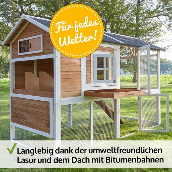 Wetterfester, zweistöckiger Kleintierstall aus Holz mit weißem Rahmen, Bitumendach und integriertem Freilaufgehege für den Außenbereich.