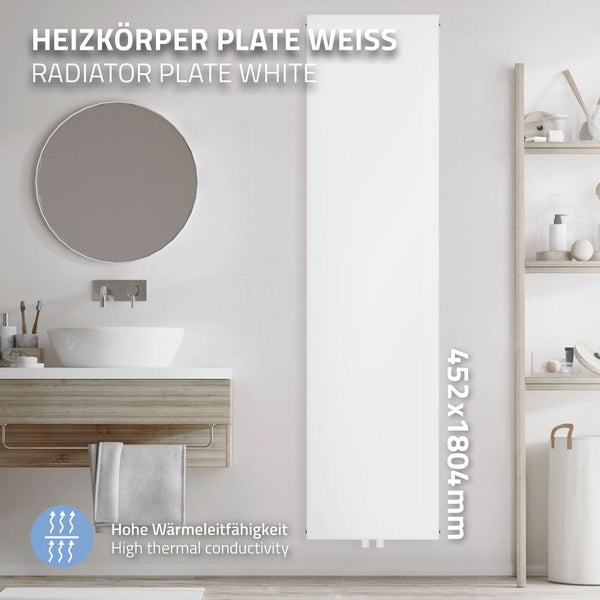 LuxeBath Badheizkörper 1800x452 mm Weiß Flach Einlagig Design Heizkörper mit Mittelanschluss Vertikal Planheizkörper glatte Vorderseite Vertikalheizkörper Paneelheizkörper Flachheizkörper  Heizwand