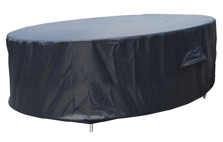 Schutzhülle für ovale Gartenmöbel-Sets aus wetterfestem Material.