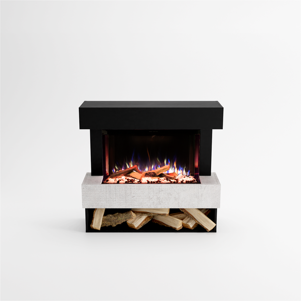 Glow Fire Elektrokamin 'PR5' | LED Standkamin in Schwarz/ Beton mit Heizung (1500 W) | HxBxT: 111x102x35 cm