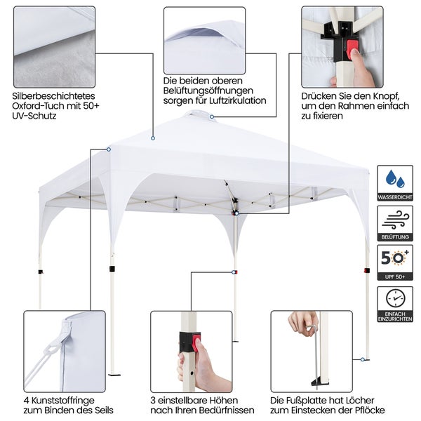 Weißes Faltzelt mit wasserdichtem Material, Belüftung, UV-Schutz, verstellbarer Höhe und Befestigungsmöglichkeit.