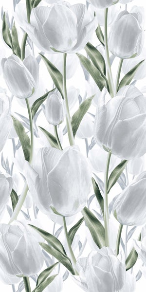 Florales Muster mit hellen Tulpen und grünen Blättern für die Wandgestaltung.
