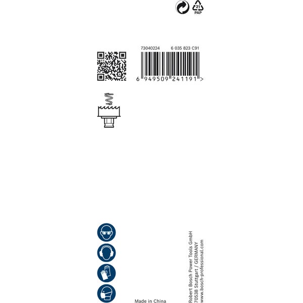 Etikett mit Barcode, QR-Code, Lochsägen-Diagramm, Recycling- und Sicherheitssymbolen sowie Robert Bosch Power Tools Logo.