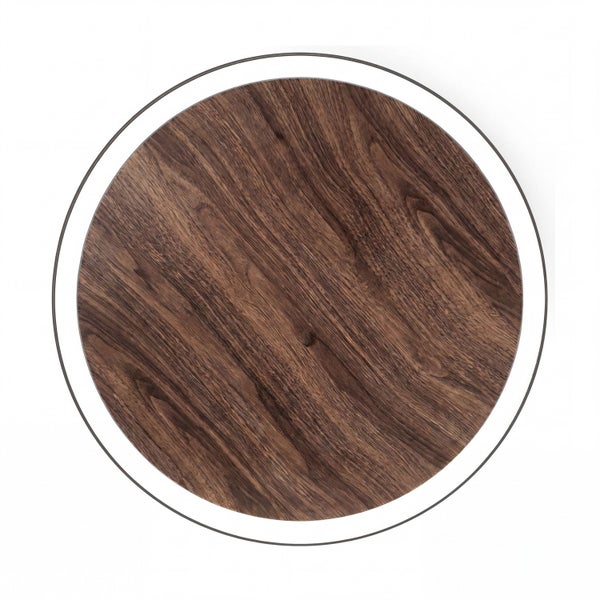 Runde LED Leuchte mit einer Oberfläche in dunkler Holzoptik und einem umlaufenden Lichtring.