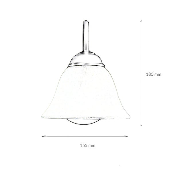 Technische Zeichnung eines glockenförmigen Lampenschirms mit Maßen von 180 Millimeter Höhe und 155 Millimeter Breite.