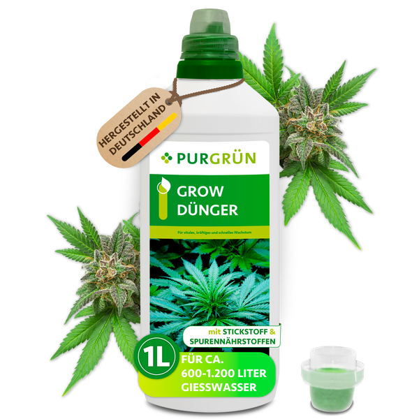 Eine Flasche Purgrün Grow Dünger für vitales und schnelles Pflanzenwachstum, Inhalt 1 Liter mit Stickstoff und Spurennährstoffen.