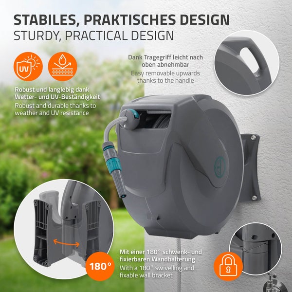 ECD Germany Schlauchaufroller 30m+2m, Schlauchtrommel, Wand-Schlauchbox RollUp mit Arretierstop und 9 Sprühfunktionen, 180° Schwenkbar, Automatischer Wasser Gartenschlauch-Aufroller zur Wandmontage