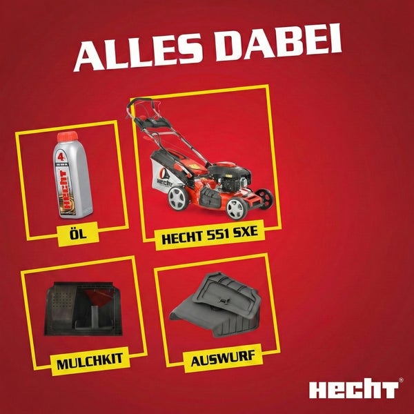 Hecht 551 SXE Rasenmäher mit Öl, Mulchkit und Auswurf