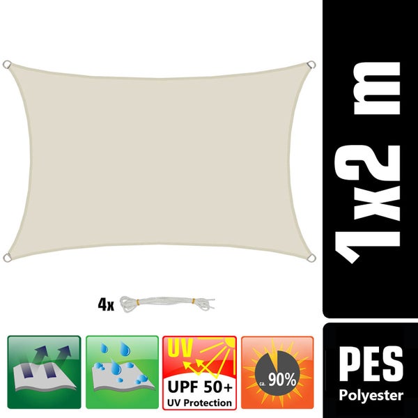 Rechteckiges Sonnensegel aus Polyester, 1 x 2 Meter, inklusive 4 Befestigungsseilen, UV-Schutz 50 plus und circa 90 Prozent Schattierung.