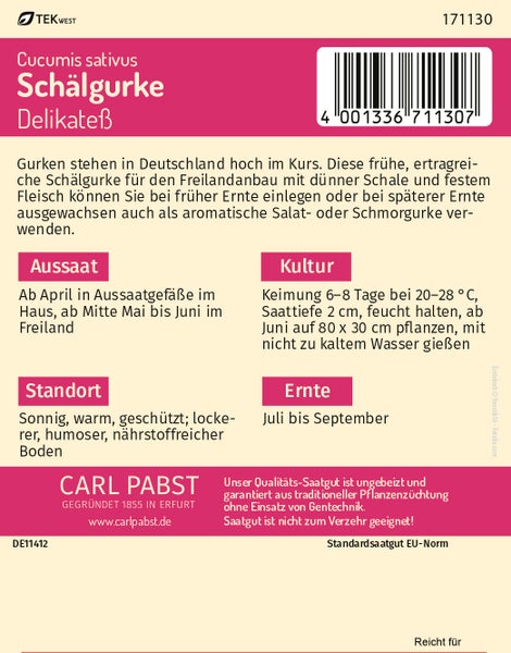 R6ckseite der Sament6te f6r Carl Pabst Sch4lgurke Delikate& mit Informationen zu Aussaat, Kultur, Standort und Ernte.
