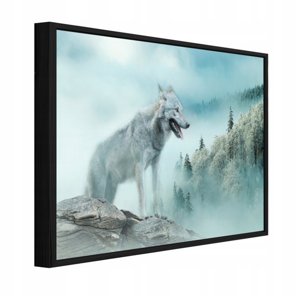 Wandbild mit Wolfmotiv in schwarzem Rahmen im Querformat