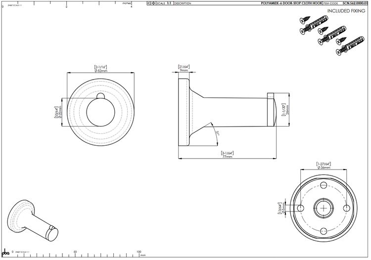 Technische Zeichnung eines Türstopper-Kleiderhakens aus Polyamid-6 mit Maßen in Millimeter sowie Schrauben und Dübeln für die Montage.
