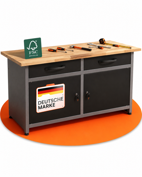 Werkbank mit Holzplatte, zwei Schubladen, zwei Schränken, Werkzeug, nachhaltige Waldwirtschaft und deutsche Markenqualität.