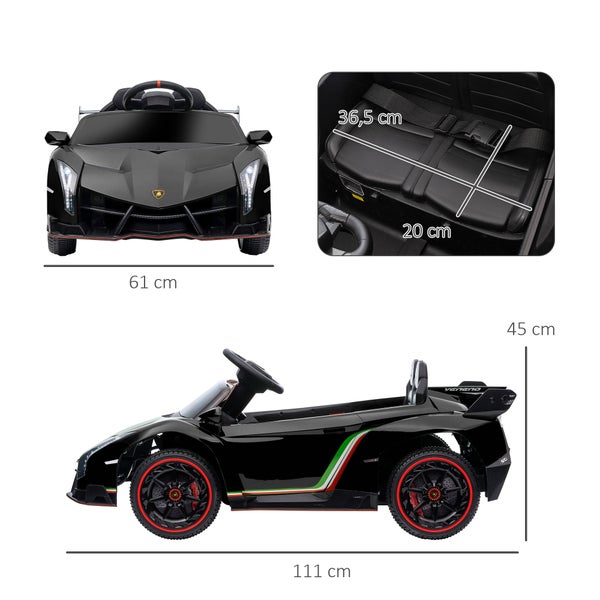 HOMCOM Kinder Elektroauto, 12V, mit Anzeige, Bluetooth, Musikfunktion, Fernbedienung, lamborghini Veneno, für 3-6 Jahre Kinder, 3-7 km/h, 82L x 48B x 56H cm, Kunststoff, Metall, Schwarz