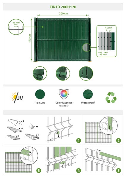 PVC-Sichtschutzlamellen-Set 2m CINTO H.170cm Grün