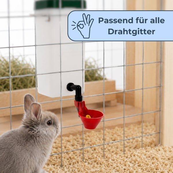 Kaninchentränke mit Trinknapf montiert an einem Drahtgitter. Passend für alle Drahtgitter.